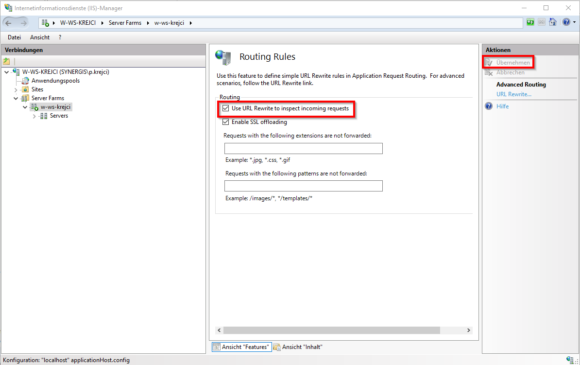 Activation of URL rewrite rules for inspection of incoming requests Activation of URL rewrite rules for inspection of incoming requests