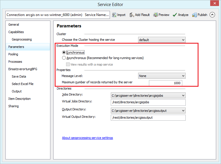 Parameter settings in the service editor Parameter settings in the service editor