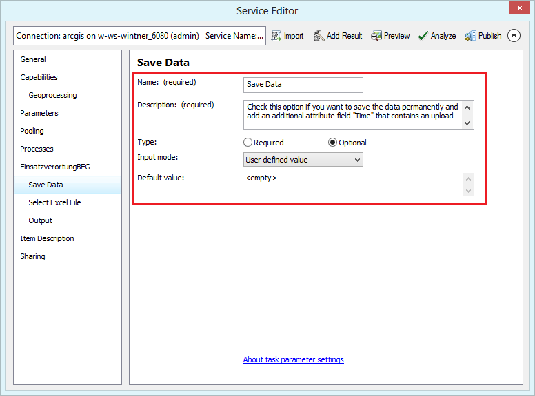 Geoprocessing task settings in the service editor Geoprocessing task settings in the service editor