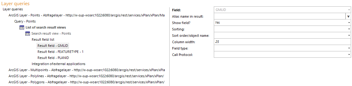 Search result view with the three important xPlanung fields