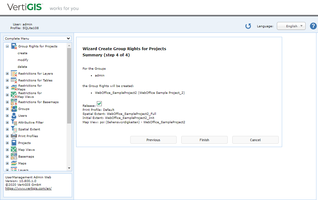 Group rights for projects - Step 4: Summary