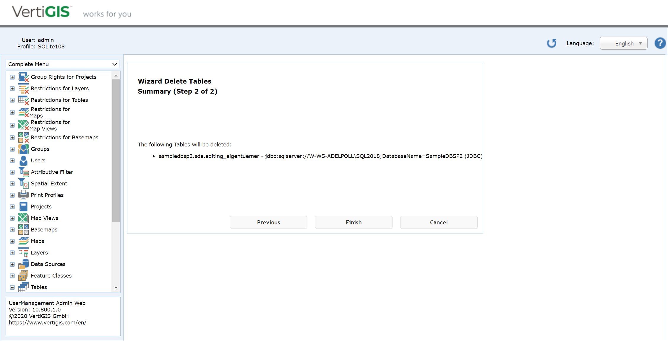Delete a table - step 2