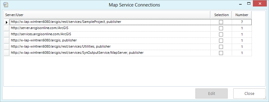 Map service connections dialog
