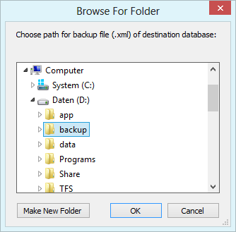 Choose a destination for the backup file