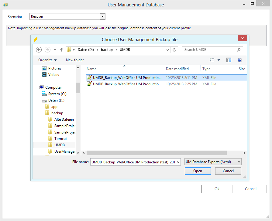 Choose a backup UMDB file