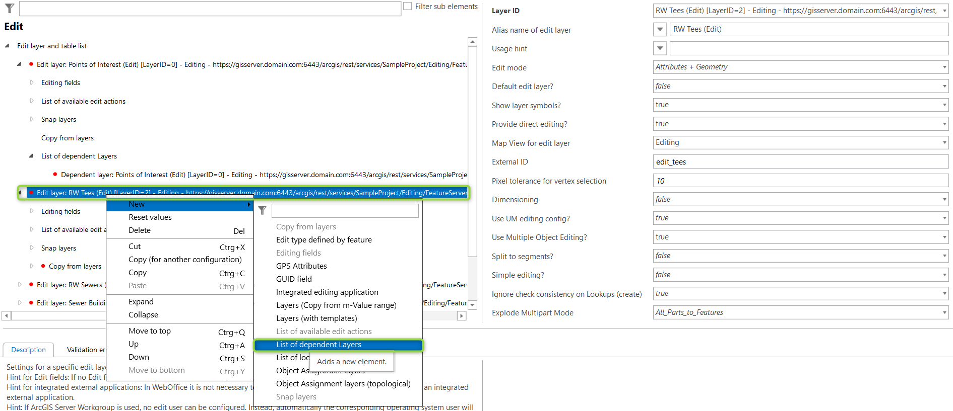 Editing layer - Configuration of a list of dependent layers