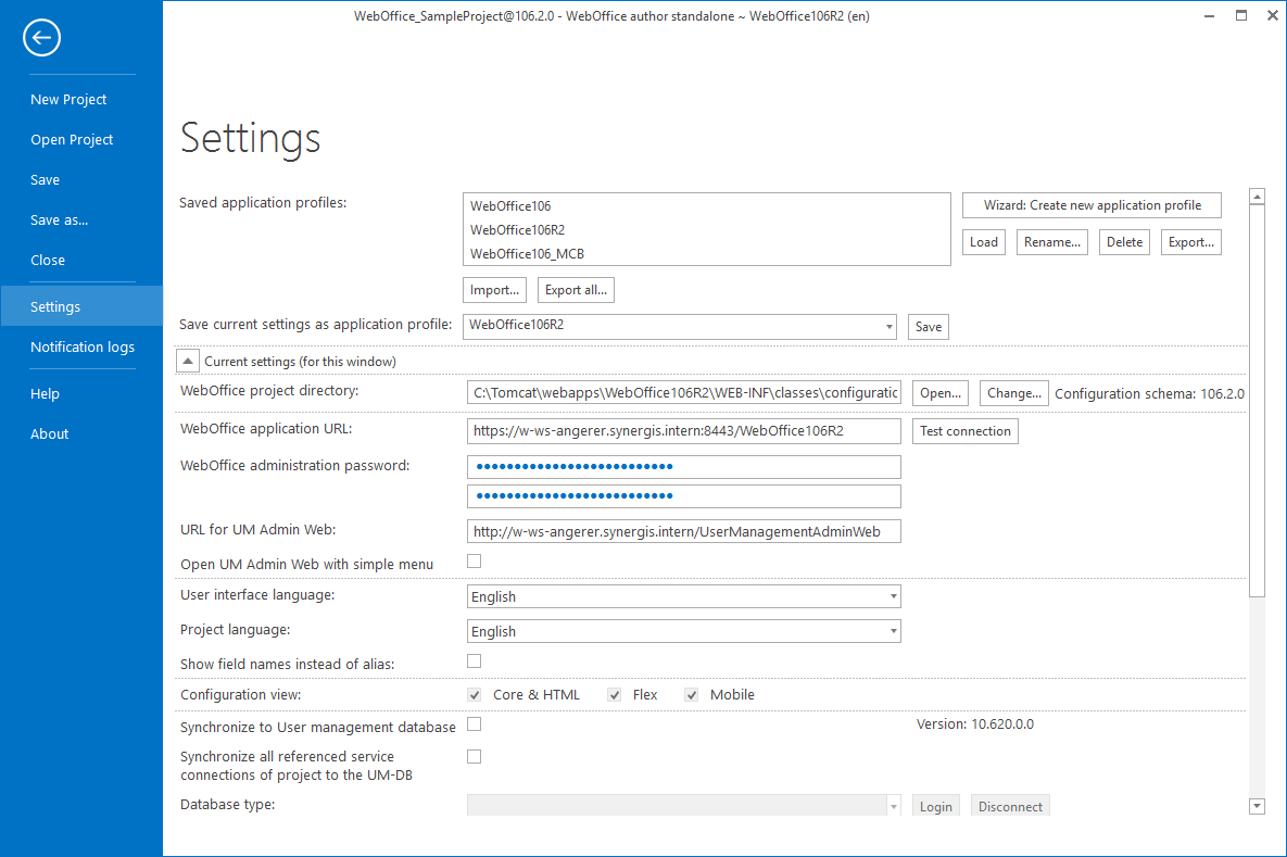 Settings of WebOffice author standalone
