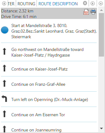 Registerkarte Routenbeschreibung im linken Menü Registerkarte Routenbeschreibung im linken Menü