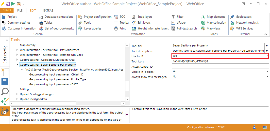 Activate the Geoprocessing - sewer sections per property tool in the WebOffice author Activate the Geoprocessing - sewer sections per property tool in the WebOffice author