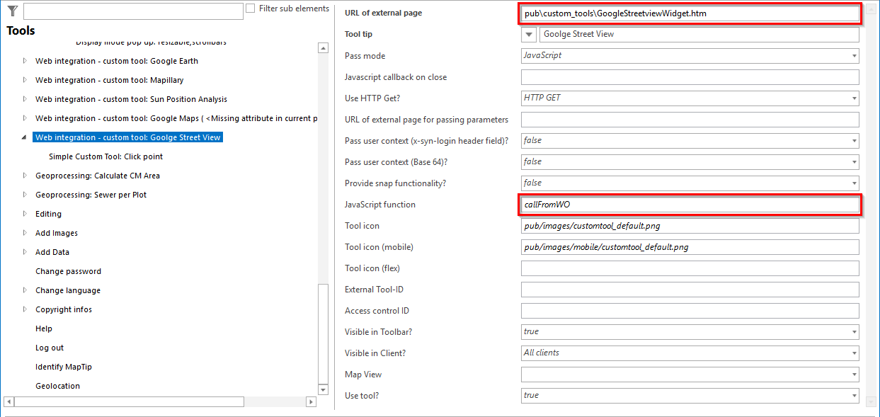 Configuring a custom tool for using the Google street View widget Configuring a custom tool for using the Google street View widget