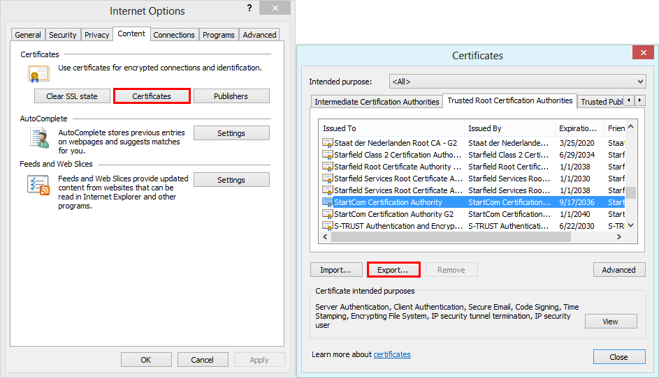 Export certificate in the Internet Explorer Export certificate in the Internet Explorer