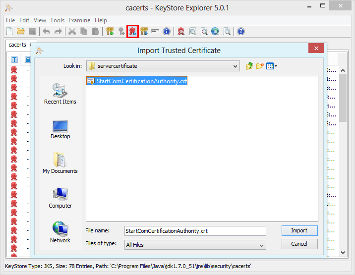Import certificate in the truststore Import certificate in the truststore