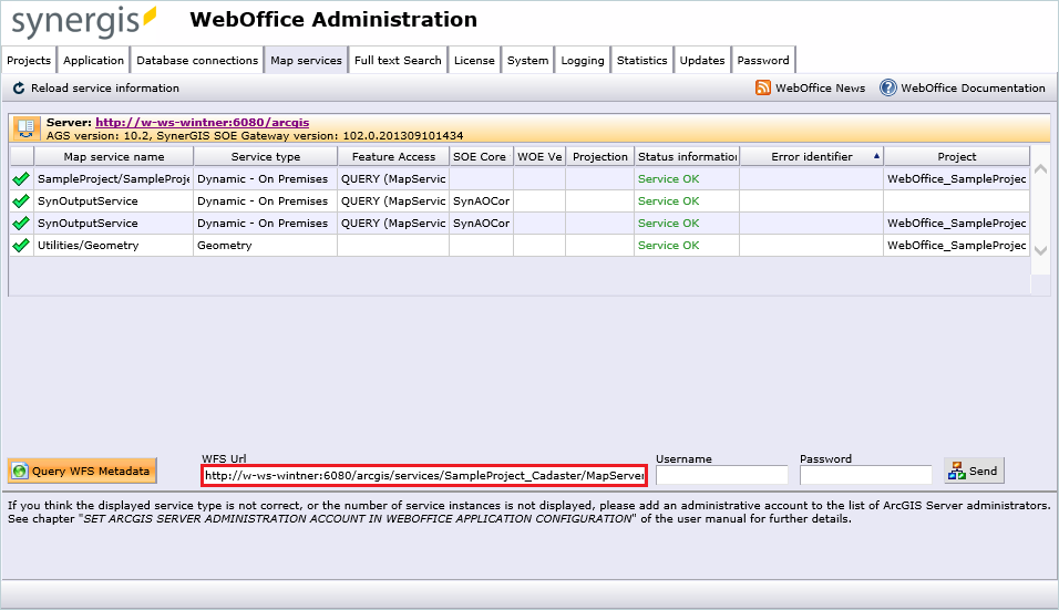 Enter WFS URL in SynAdmin map services tab Enter WFS URL in SynAdmin map services tab