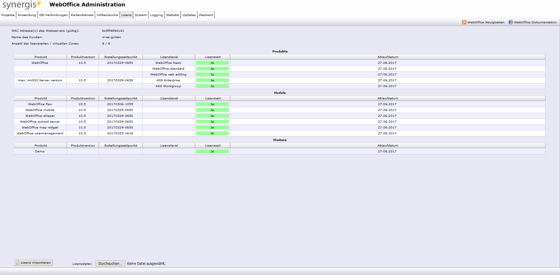"License" tab - WebOffice 10.9 R3 Administration Pages "License" tab - WebOffice 10.9 R3 Administration Pages