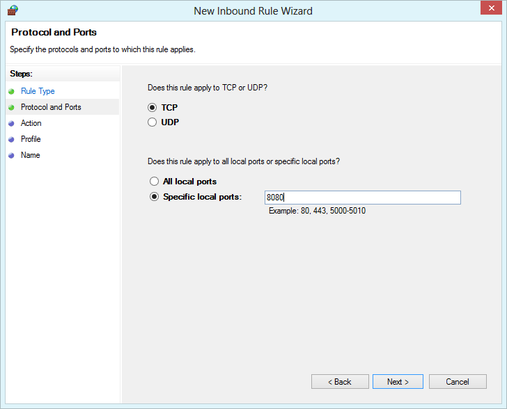Windows Firewall with Advanced Security - specify port 8080 Windows Firewall with Advanced Security - specify port 8080