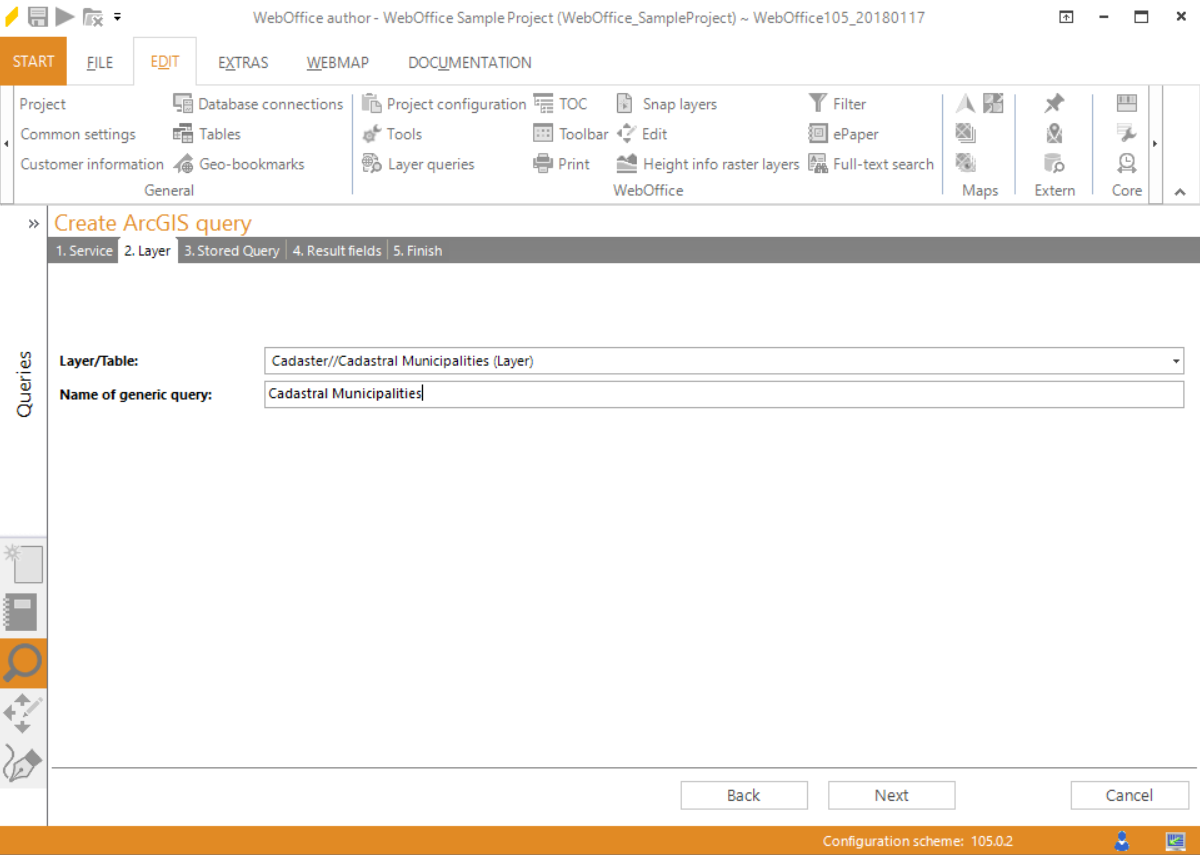 Wizard "Create ArcGIS query" - select layer Wizard "Create ArcGIS query" - select layer