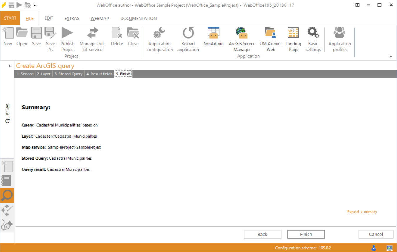 Wizard "Create ArcGIS query" - summary Wizard "Create ArcGIS query" - summary