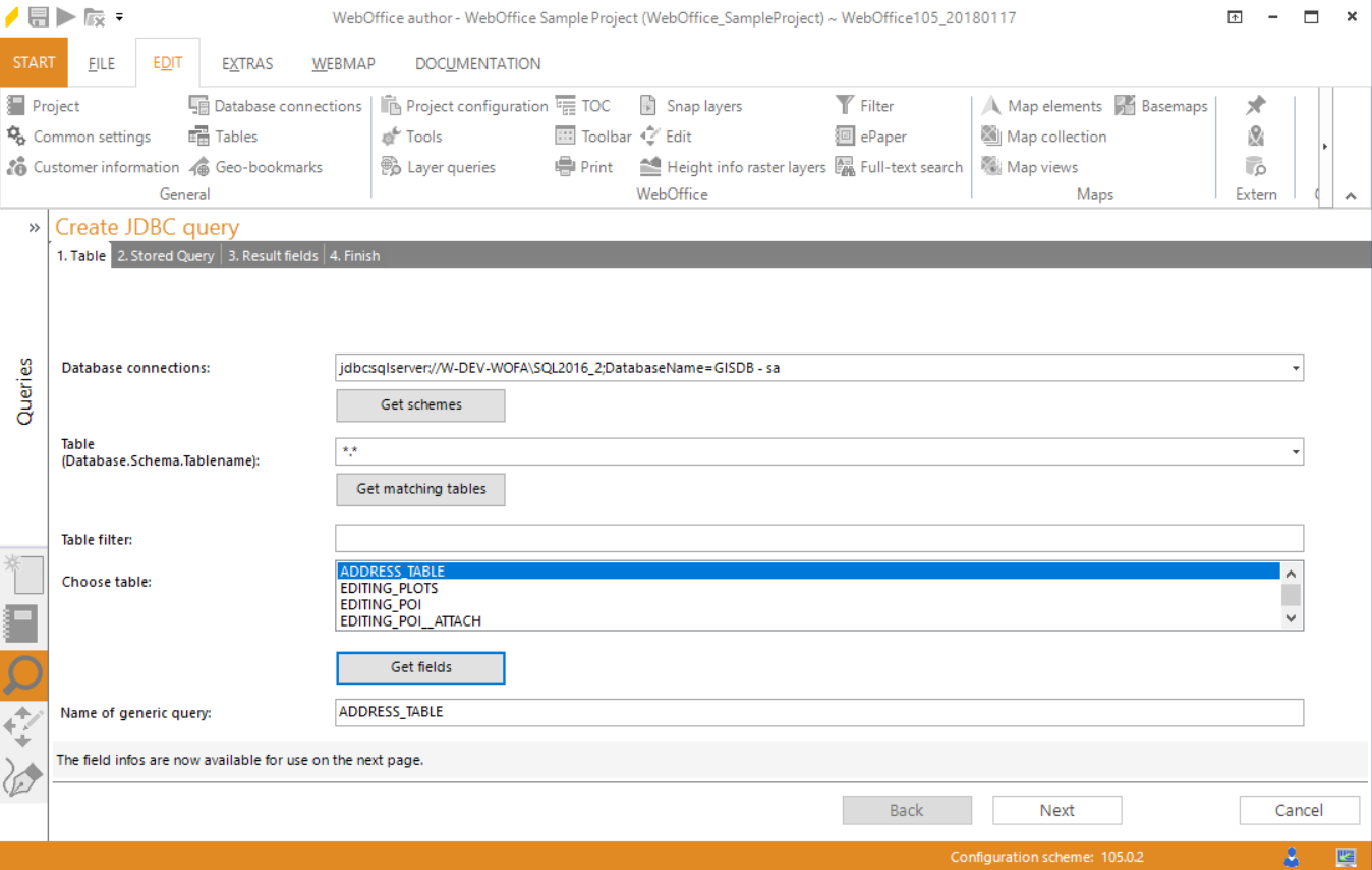 Wizard "Create JDBC query" - choose table Wizard "Create JDBC query" - choose table
