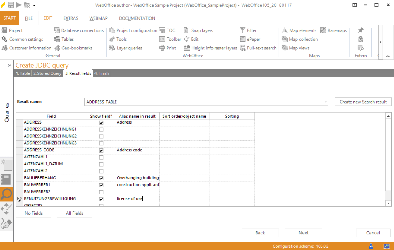 Wizard "Create JDBC query" - select result fields Wizard "Create JDBC query" - select result fields