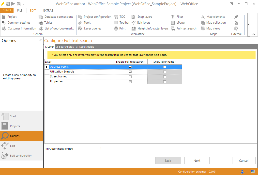 Starting the wizard "Full-text search" - layer Starting the wizard "Full-text search" - layer