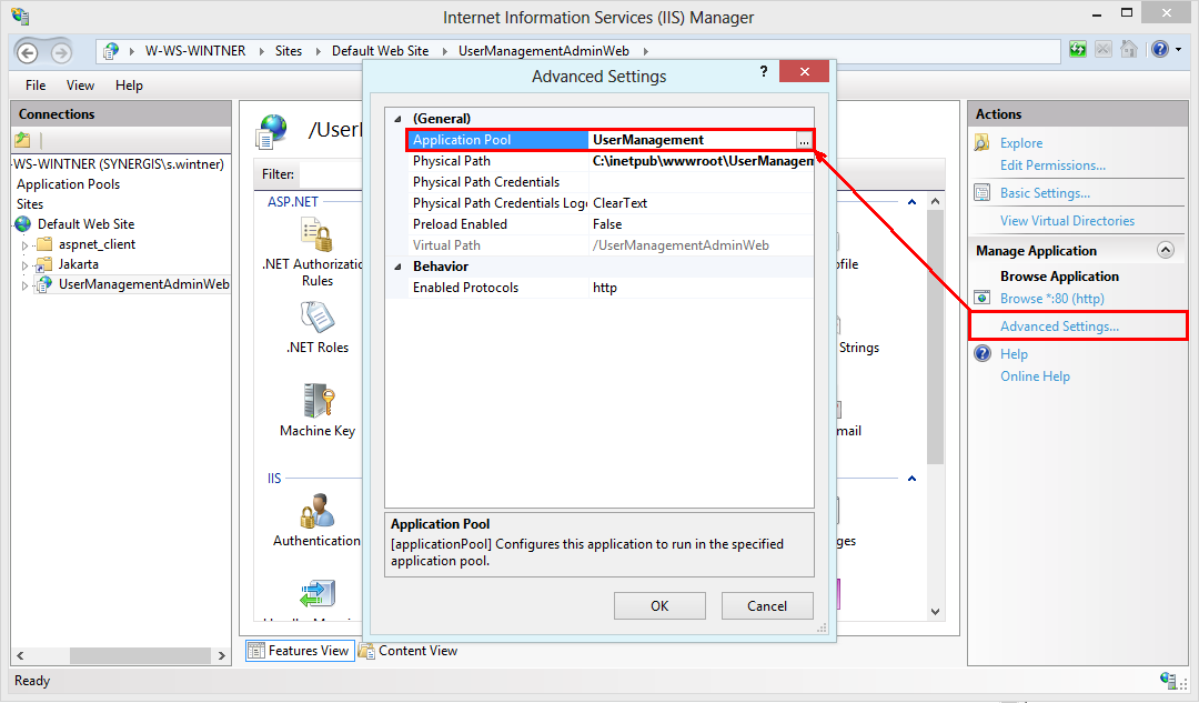 Assign the application pool UserManagement to your UserManagementAdminWeb application Assign the application pool UserManagement to your UserManagementAdminWeb application