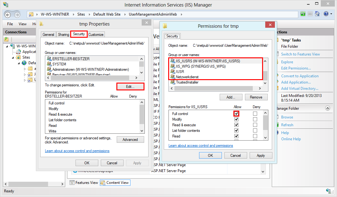 Change permissions for IIS_IUSRS, IUSR, IIS_WPG, NETWORK SERVICE Change permissions for IIS_IUSRS, IUSR, IIS_WPG, NETWORK SERVICE