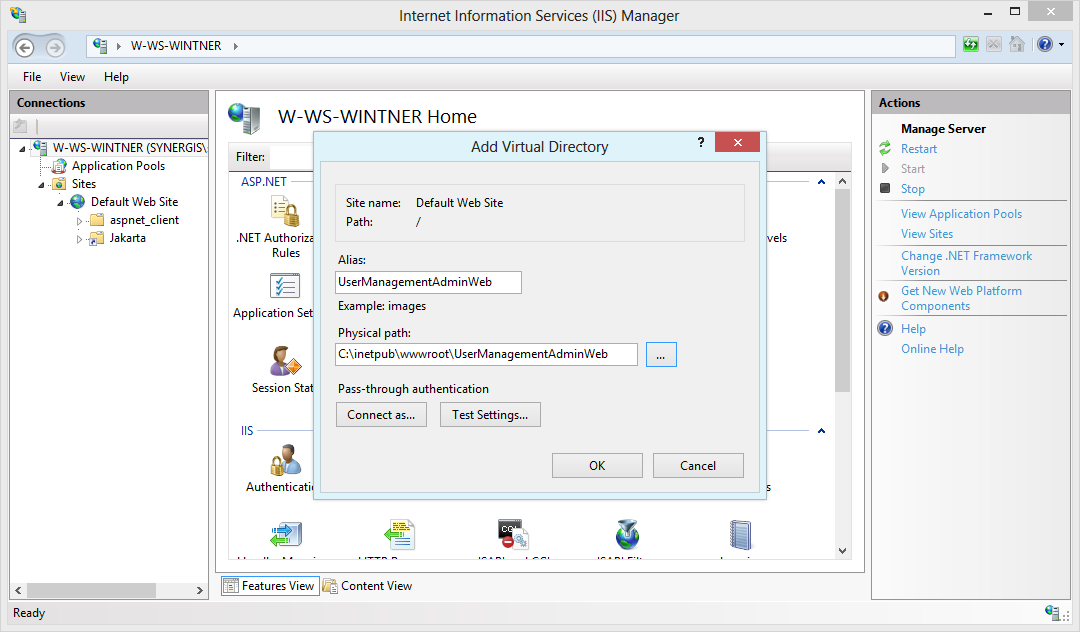 The correct settings for the virtual directory The correct settings for the virtual directory