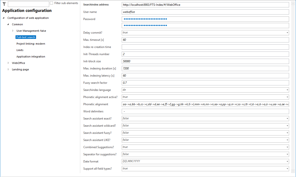 Configuration of the search index adress Configuration of the search index adress