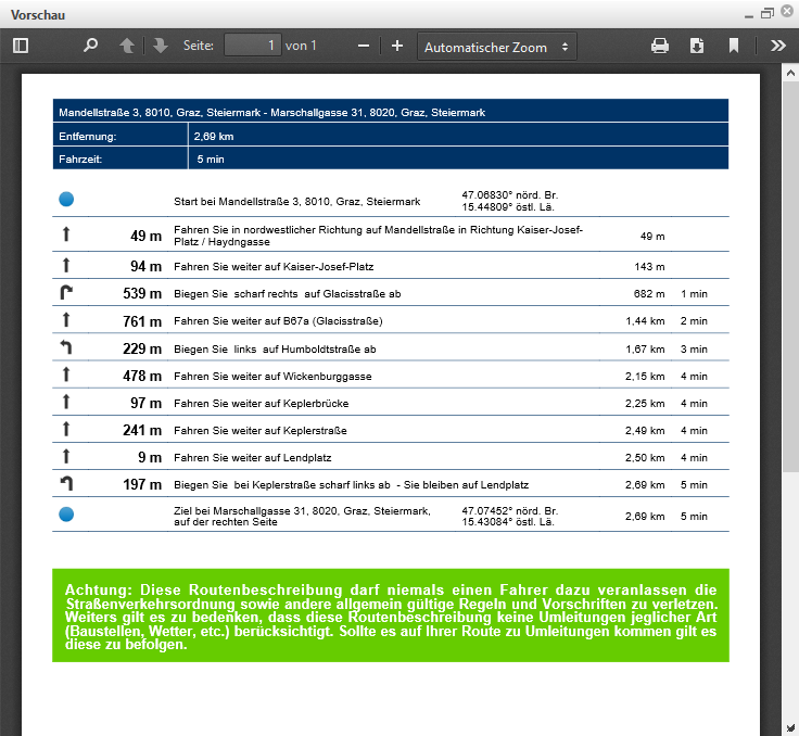 Vorschau der Routenbeschreibung im PDF-Format