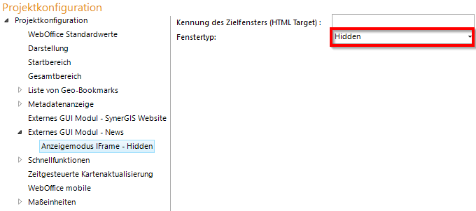 Konfiguration Anzeigemodus IFrame - Fenstertyp Hidden'