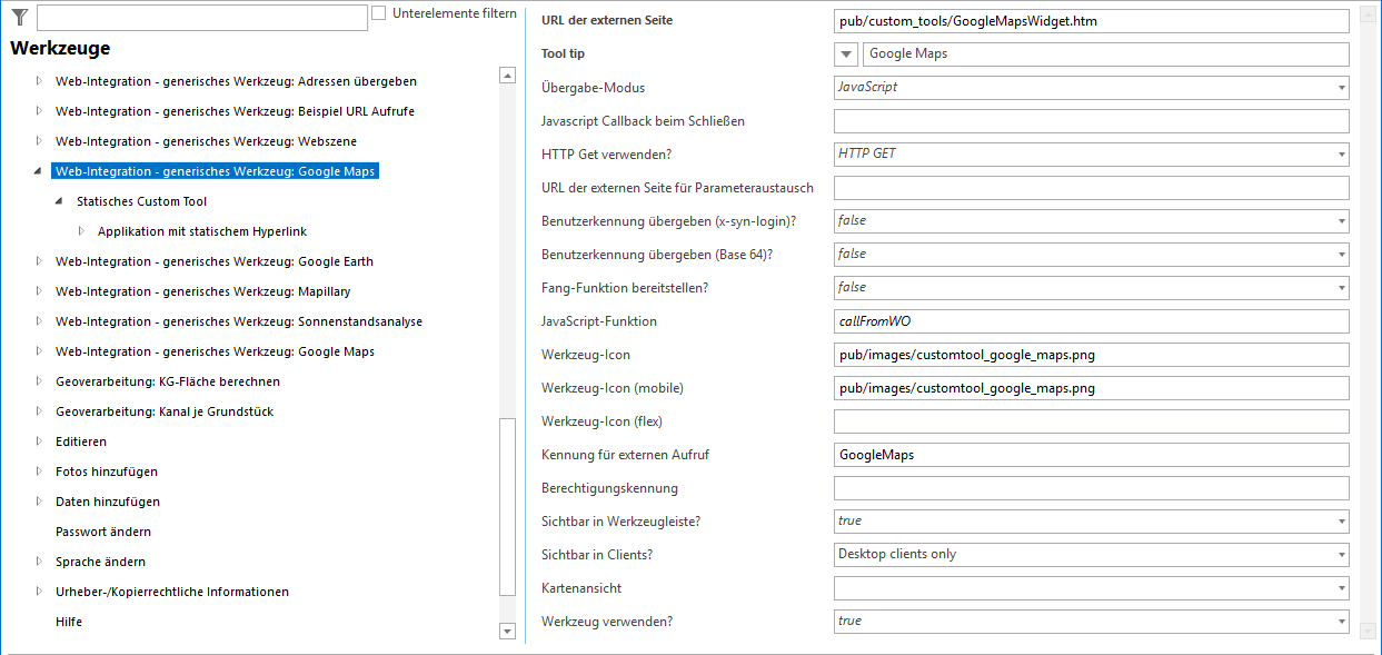 Konfiguration eines generischen Werkzeuges für den Google Maps © Aufruf Konfiguration eines generischen Werkzeuges für den Google Maps © Aufruf