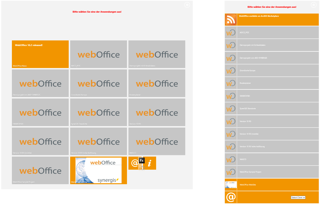 Moderne Projektauswahlseite (links: Desktopansicht bzw. Tablet Mode / rechts: Phone Mode) Moderne Projektauswahlseite (links: Desktopansicht bzw. Tablet Mode / rechts: Phone Mode)