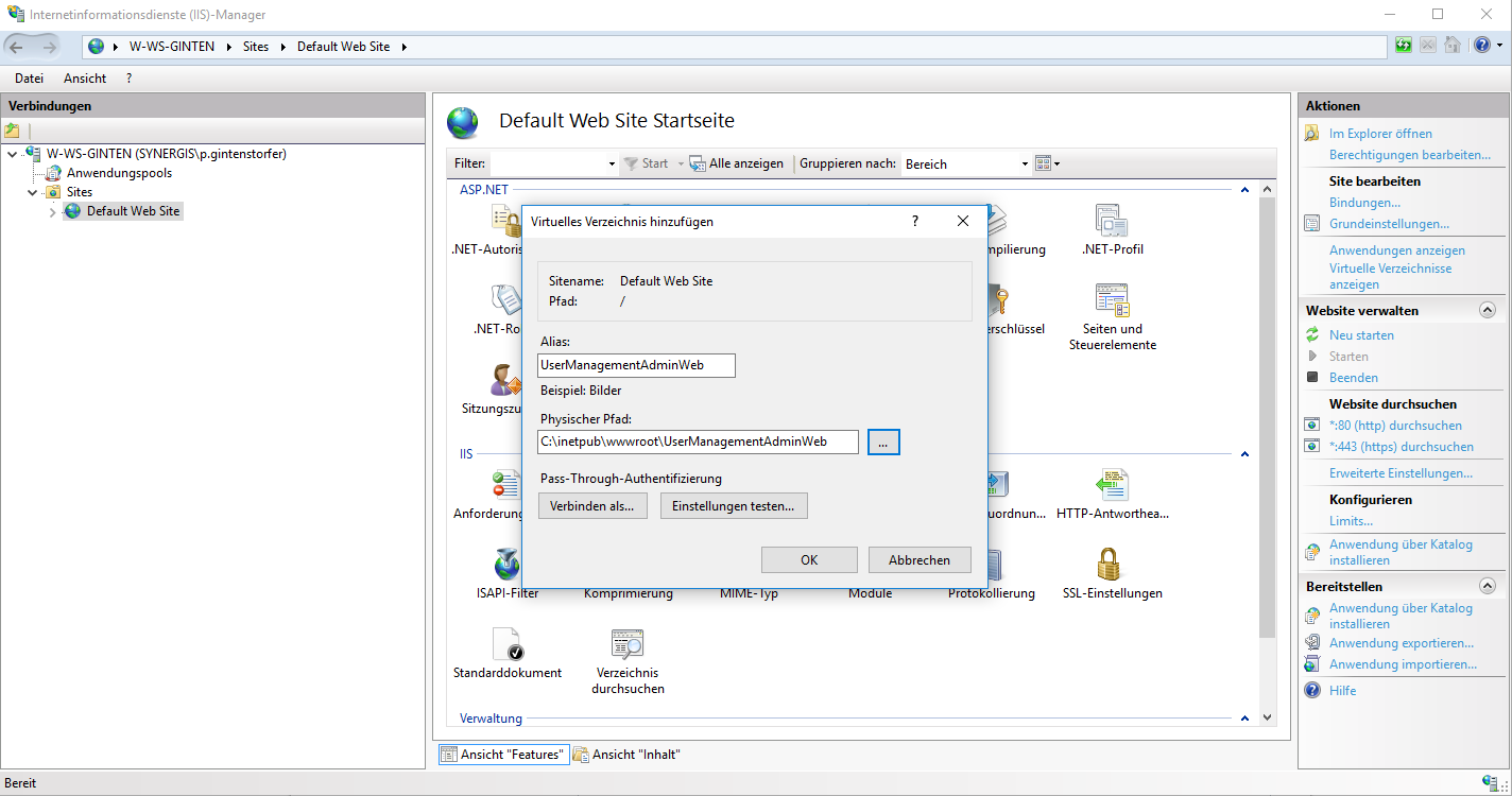 Die korrekten Einstellungen für das Virtuelle Verzeichnis Die korrekten Einstellungen für das Virtuelle Verzeichnis