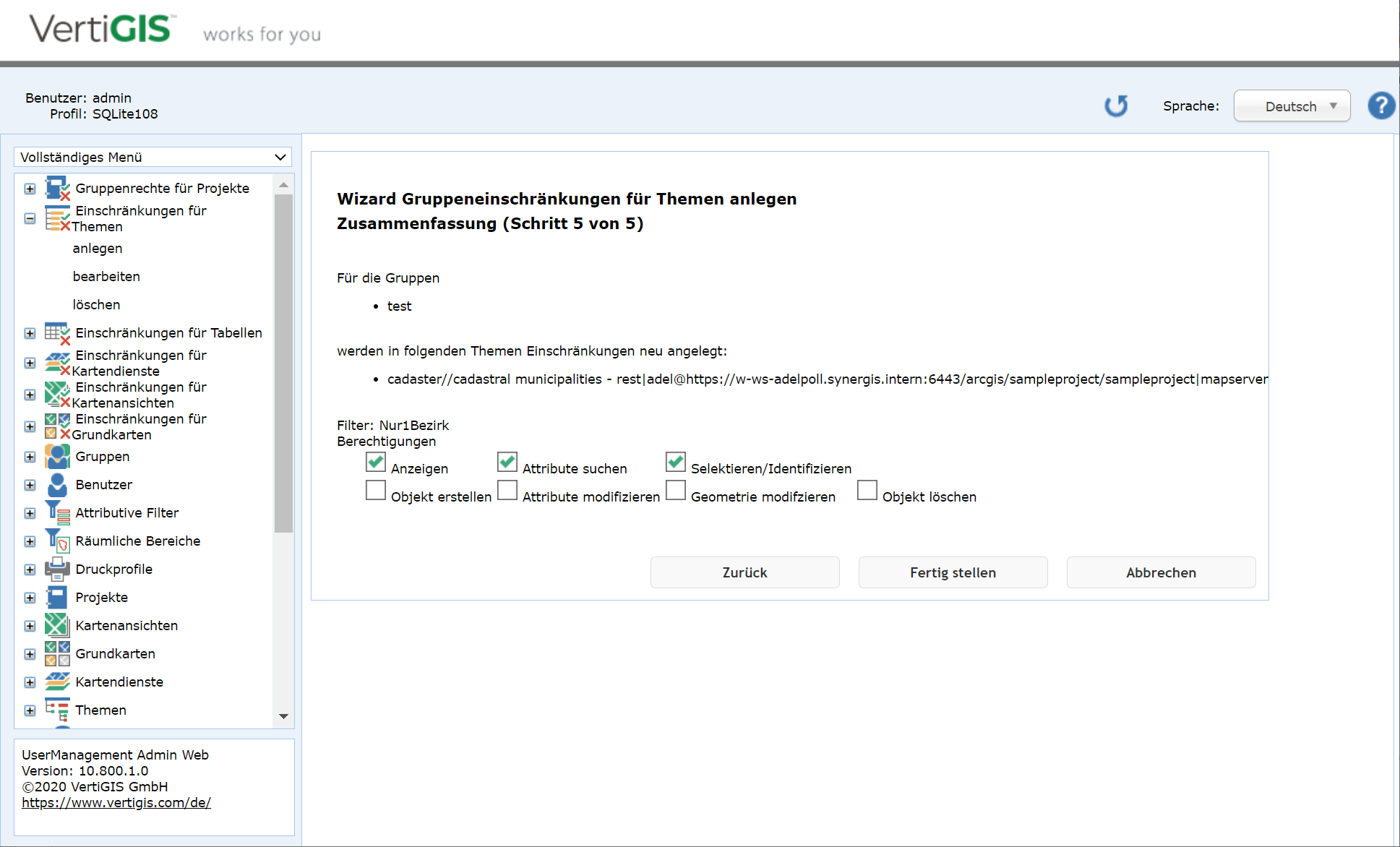 Anlegen Gruppeneinschränkungen für Themen - Schritt 5 Zusammenfassung