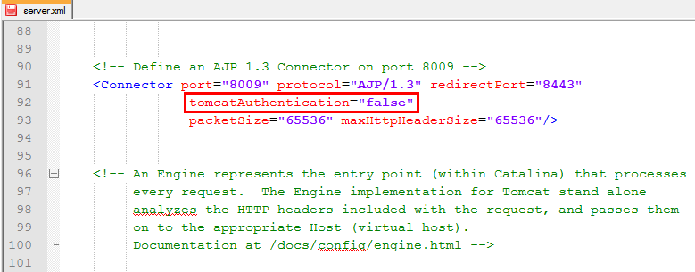Festlegen von tomcatAuthentication ="false in der Server.xml Festlegen von tomcatAuthentication ="false in der Server.xml