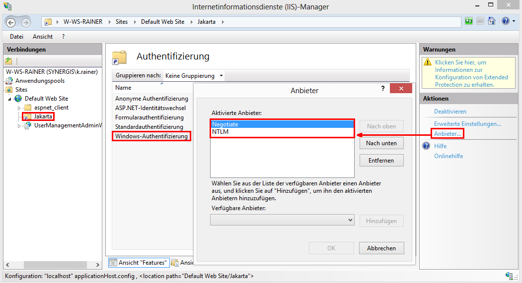 Ändern der Reihenfolge der Windows Authentifizierungsanbieter im IIS Manager Ändern der Reihenfolge der Windows Authentifizierungsanbieter im IIS Manager