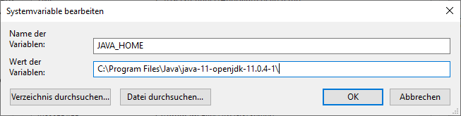 Eintragen der Systemvariable JAVA_HOME Eintragen der Systemvariable JAVA_HOME
