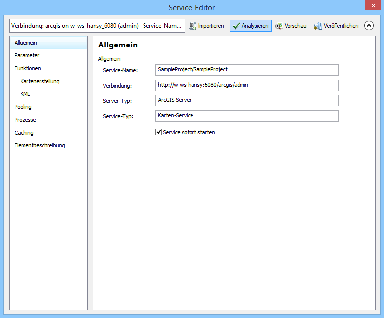 Einstellungen im Service-Editor