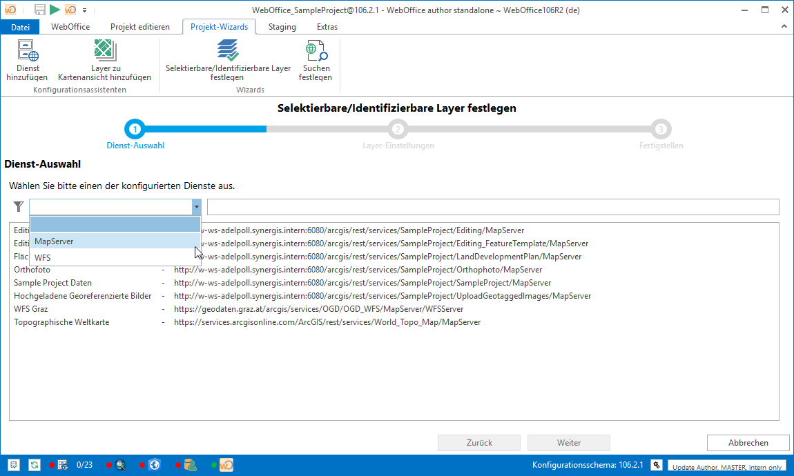 Auswahl des Dienstes, für den ein selektierbarer/identifizierbarer Layer konfiguriert werden soll Auswahl des Dienstes, für den ein selektierbarer/identifizierbarer Layer konfiguriert werden soll