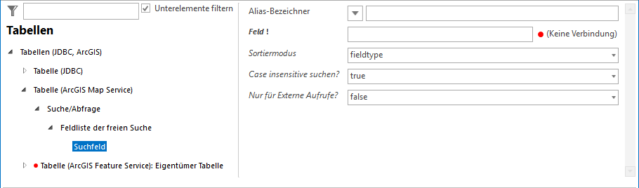 Feldliste der freien Suche und Suchfeld Feldliste der freien Suche und Suchfeld