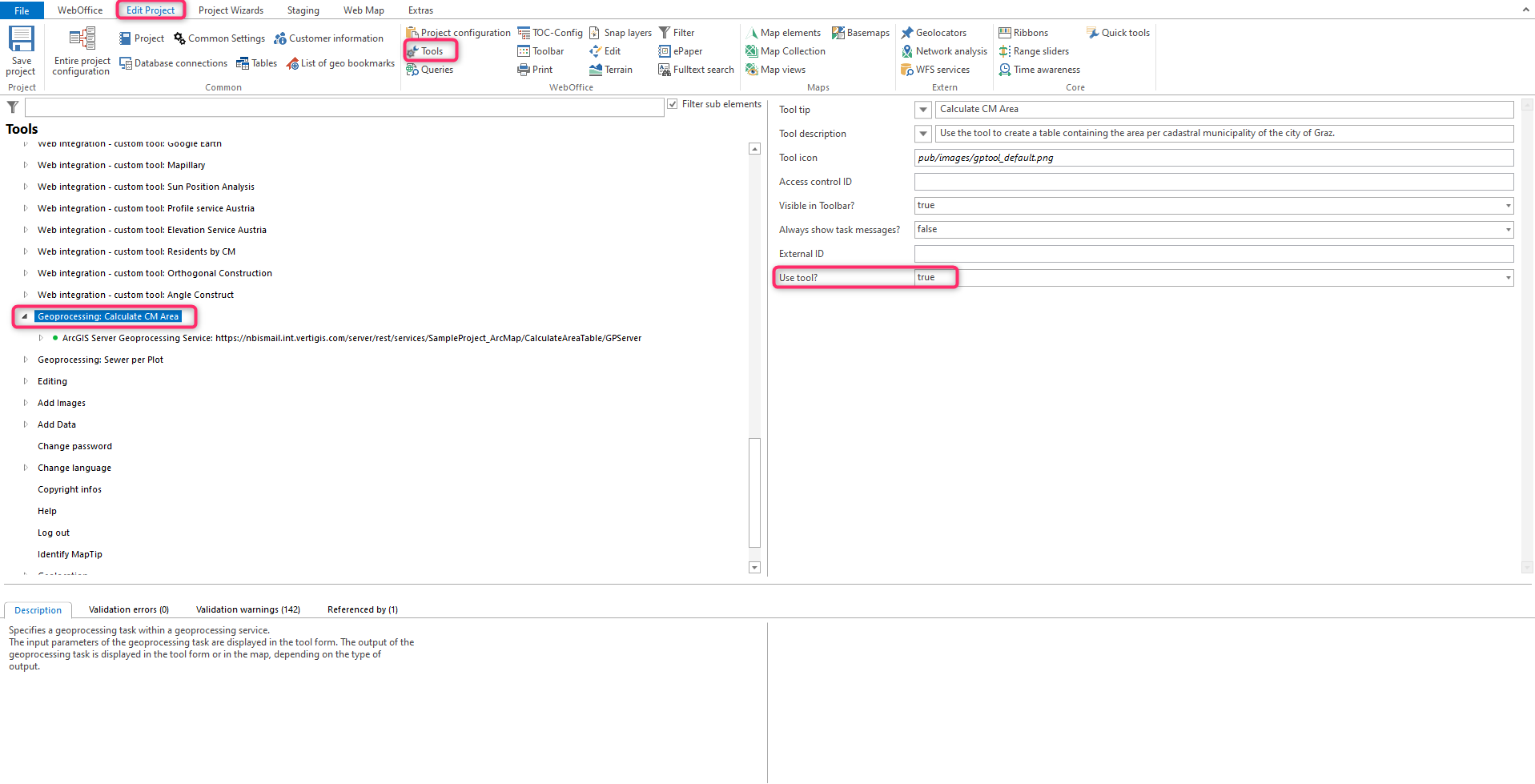 Activate the Geoprocessing - calculate municipality area tool in the WebOffice author