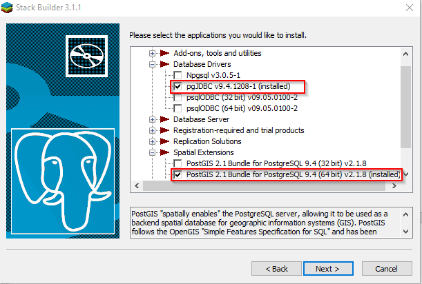 Selection of the JDBC driver and the PostGIS extension