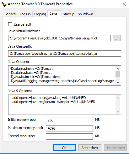 Apache Tomcat configuration - Java memory settings