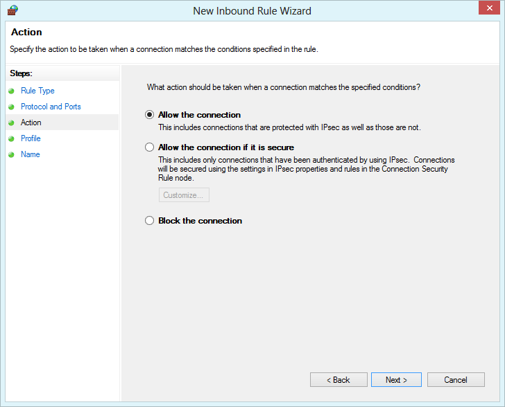 Windows Firewall with Advanced Security - allow the connection