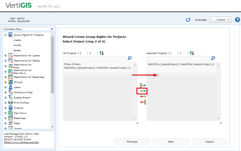 Group rights for projects - Step 2: Select project(s)