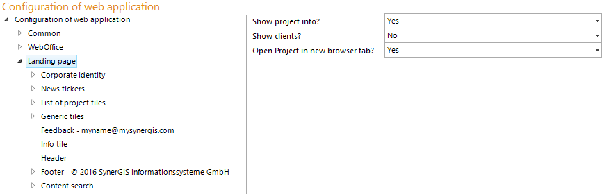 Basic settings of the Landing Page in application configuration