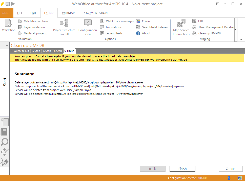 Summary of the wizard Check the map service layers and clean UM-DB"