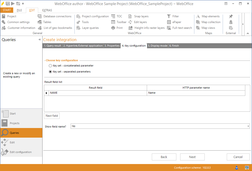Wizard "Create integration" - key configuration for separated parameters Wizard "Create integration" - key configuration for separated parameters