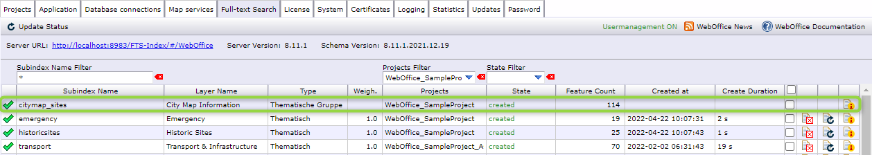 WebOffice administration interface - full text search - thematic group