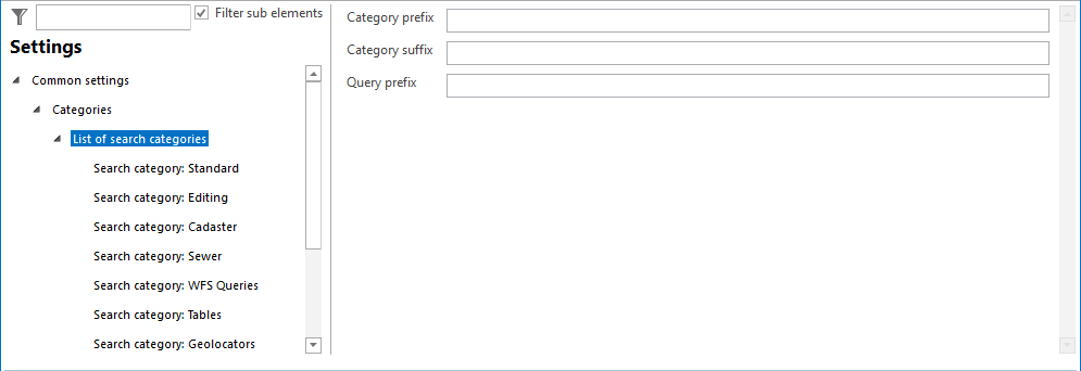 List of search categories configuration